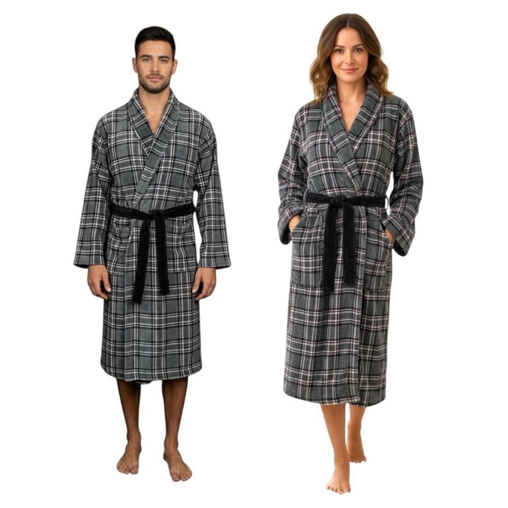 Joe Boxer Unisex Gray Christmas Plaid Fleece Bathrobe OSFM